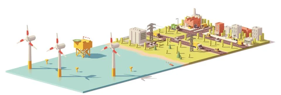 Vector low poly wind turbines power plant Stock Illustration