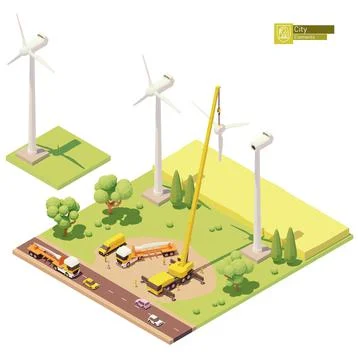 Vector low poly wind turbines farm construction Stock Illustration
