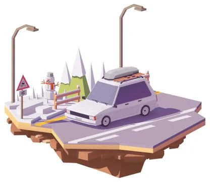 Vector low poly winter car trip Stock Illustration