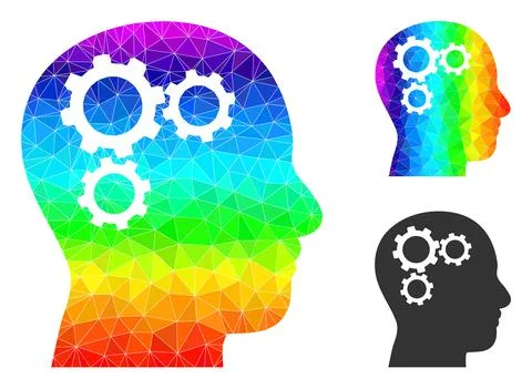 Vector Lowpoly Brain Gears Icon with Rainbow Gradient 스톡 일러스트
