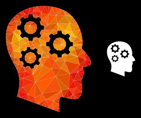Vector Lowpoly Brain Gears Icon with Fire Gradient Stock Illustration