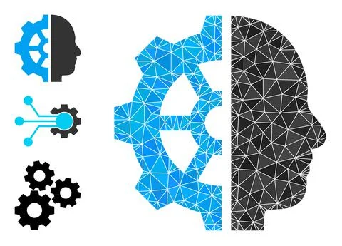 Vector Lowpoly Cyborg Gear Icon with Bonus Icons Stock Illustration