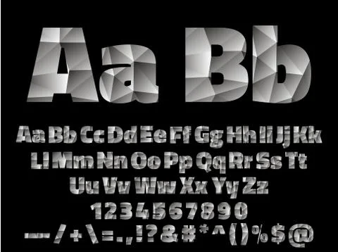 Vector Lowpoly Font alphabet with numbers and symbols Stock Illustration