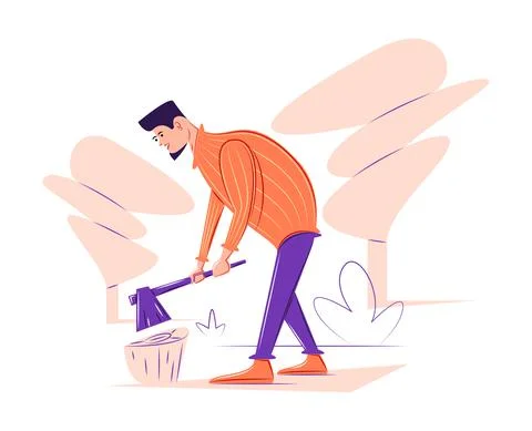 Vector lumberjack chopping wood in shadow of sharp lines style Stock Illustration