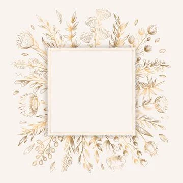 Vector luxury card template with gold frame from hand drawn plants and flower Stock Illustration