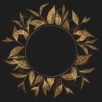 Vector luxury card template with round frame from hand drawn gold leaves isol Stock Illustration