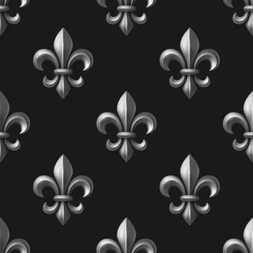 Vector Luxury Seamless Pattern with 3d Silver Fleur-de-Lis on Black Background Stock Illustration