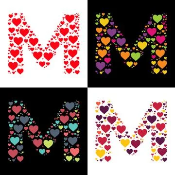 Vector M alphabet with various heart shape Stock Illustration