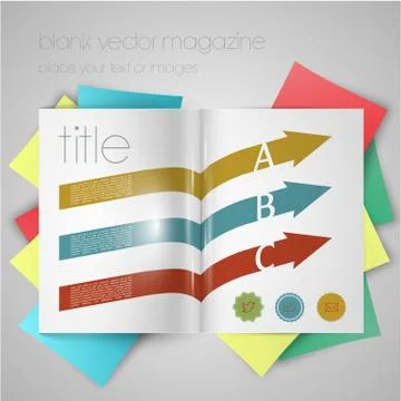 Vector magazine template with arrows and stickers Stock Illustration