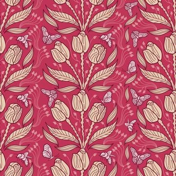 Vector Magenta Tulip Garden repeat pattern background design Stock Illustration