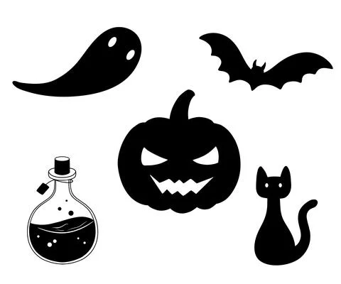 Vector magic flask with poison potion, pumpkin, bat, ghost and black cat. Set of Stock Illustration