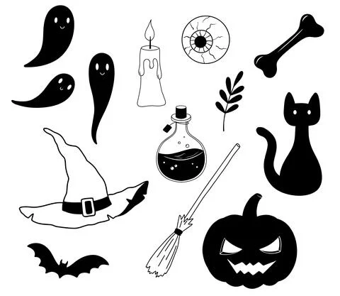 Vector magic flask with poison potion, pumpkin, bat, ghost and ghosts. Set of Stock Illustration