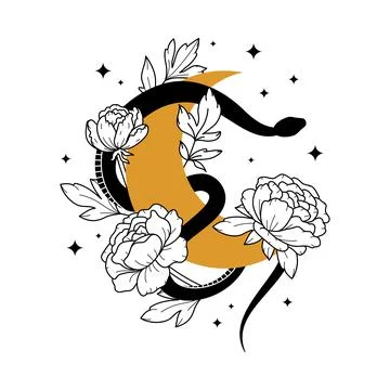 Vector magic illustration with celestial snake, moon, stars and flowers. Boho Stock Illustration