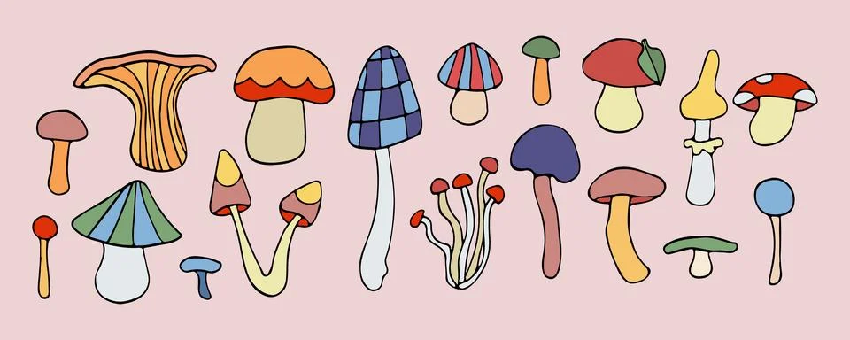 Vector Magic mushroom doodle set, fall fungus forest harvest, mystery fairy Stock Illustration