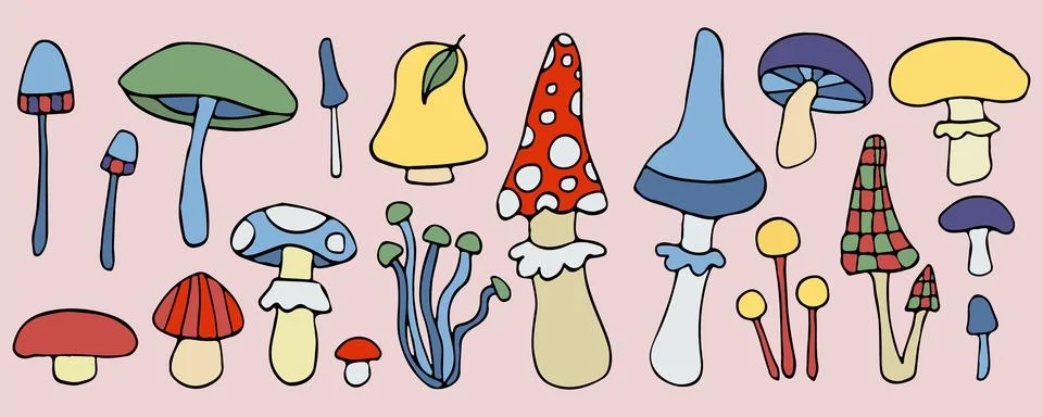Vector Magic mushroom doodle set, fall fungus forest harvest, mystery fairy Stock Illustration