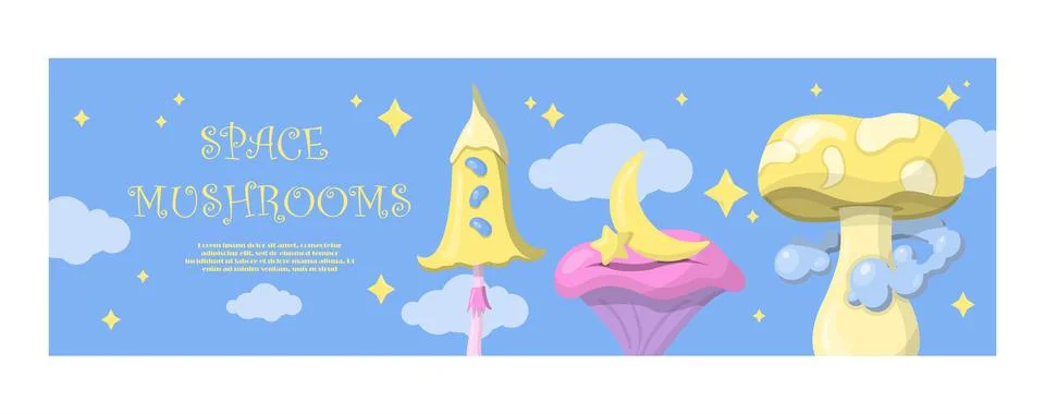 Vector magic mushrooms. Banner Space cartoon mushrooms. Colorful illustrations 스톡 일러스트