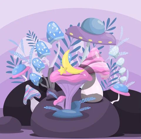 Vector magic mushrooms. Space cartoon mushrooms. Vivid illustrations of space 스톡 일러스트