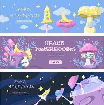 Vector magic mushrooms. Space cartoon mushrooms. Vivid illustrations of space Stock Illustration