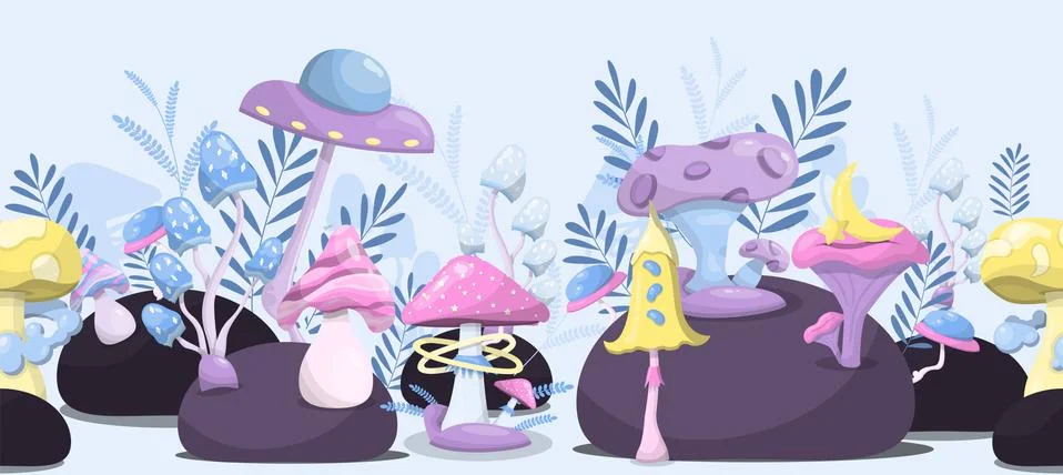 Vector magic mushrooms. Space cartoon mushrooms. Vivid illustrations of space Stock Illustration
