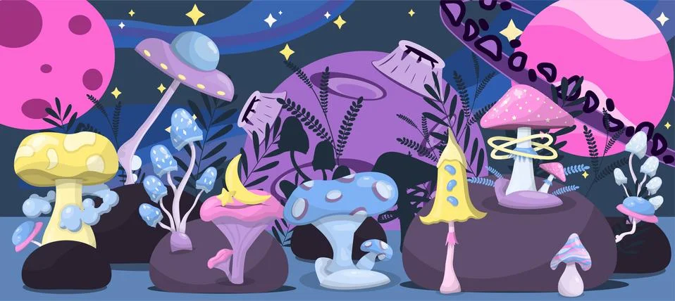 Vector magic mushrooms. Space cartoon mushrooms. Vivid illustrations of space Stock Illustration