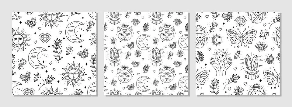 Vector magic seamless pattern with butterfly, sun, moon, cat, clouds, and stars. Stockillustratie