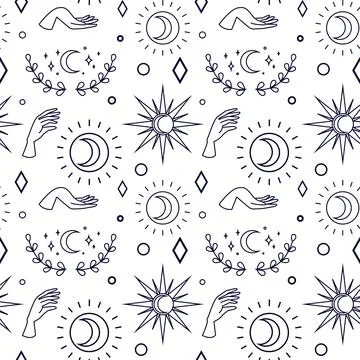 Vector magic seamless pattern with sun, moon, branch and stars. Stock Illustration