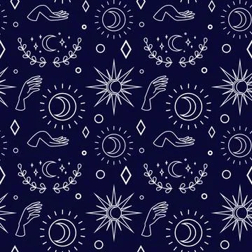 Vector magic seamless pattern with sun, moon, branch and stars on dark blue.. Stock Illustration