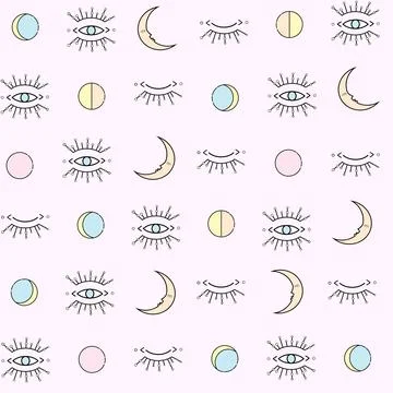 Vector magic seamless pattern with sun, moon and magic eyes. Stock Illustration