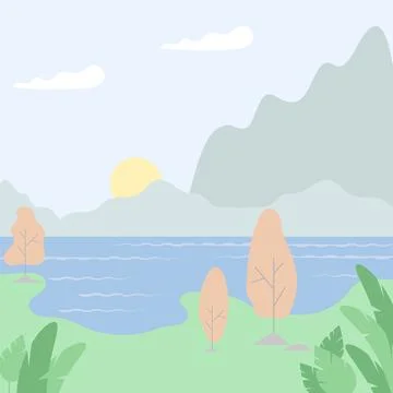 Vector magical country with trees, plants, mountains and clouds. Fairytale Illustrazione stock