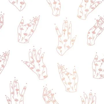 Vector Magical Hands with Chamomile Drawings Lineart and Rose Gold Effect Stock Illustration