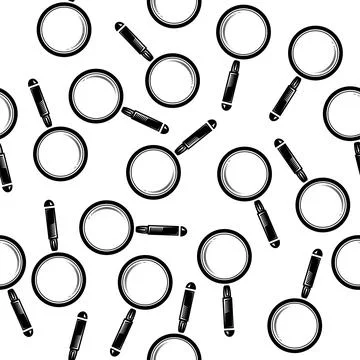 Vector magnifying glass, search icon seamless pattern. Magnifier, big tool in Stock Illustration