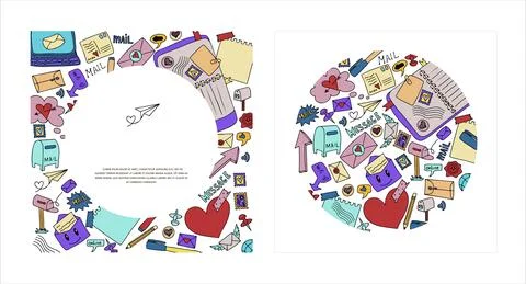 Vector mail doodle banners. Cards with paper envelopes, letters, email. A Illustrazione stock
