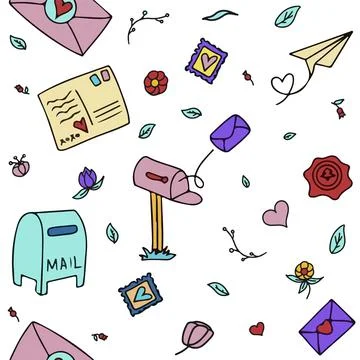 Vector mail doodles Seamless Pattern. Icons with paper envelopes, letters, email イラスト素材