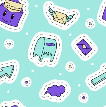 Vector mail doodles Seamless Pattern. Icons with paper envelopes, letters, email Stock Illustration