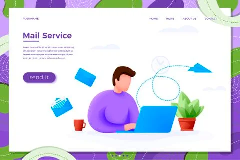 Vector mail service concept - cartoon man with computer sending letters online Stock Illustration