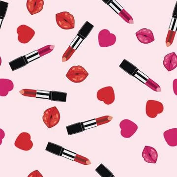 Vector makeup pattern. lipsticks, hearts and lips Stock Illustration