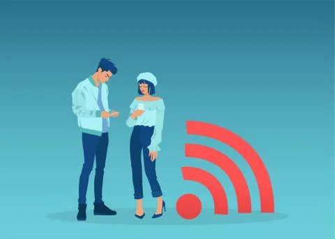 Vector of a man and woman using smartphones standing by rss symbol Stock Illustration