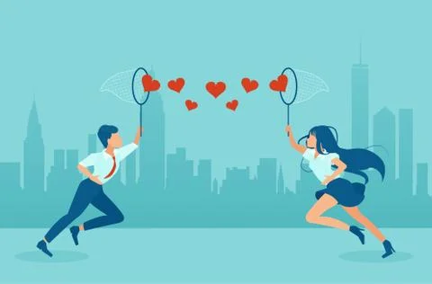 Vector of a man and woman using butterfly nets to catch red hearts flying in  Stock Illustration