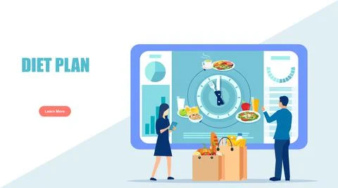 Vector of a man and woman using diet app showing nutrition facts and diet pla Stock Illustration