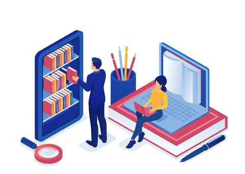 Vector of a man and a woman using internet education resources online library Stock Illustration