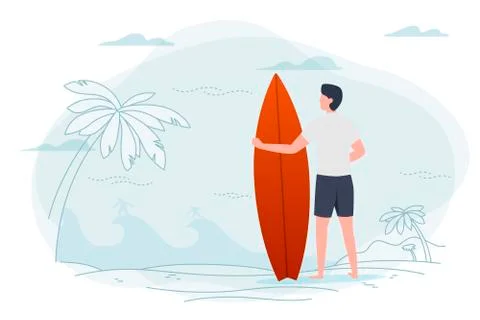 Vector man on a beach, holding surfboard. Ocean, surfers, palms Stock Illustration
