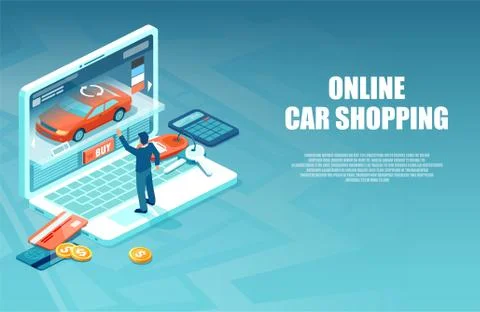 Vector of a man buying a car in the internet Stock Illustration