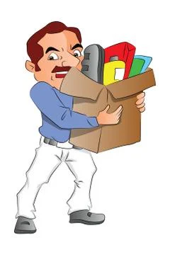 Vector of man carrying carton full of office supplies. Stock Illustration