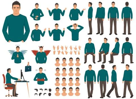 Vector man character casual poses set in flat style. Full length, gestures Stock Illustration