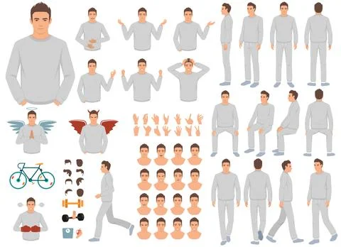 Vector man character casual poses set in flat style. Full length, gestures Stock Illustration