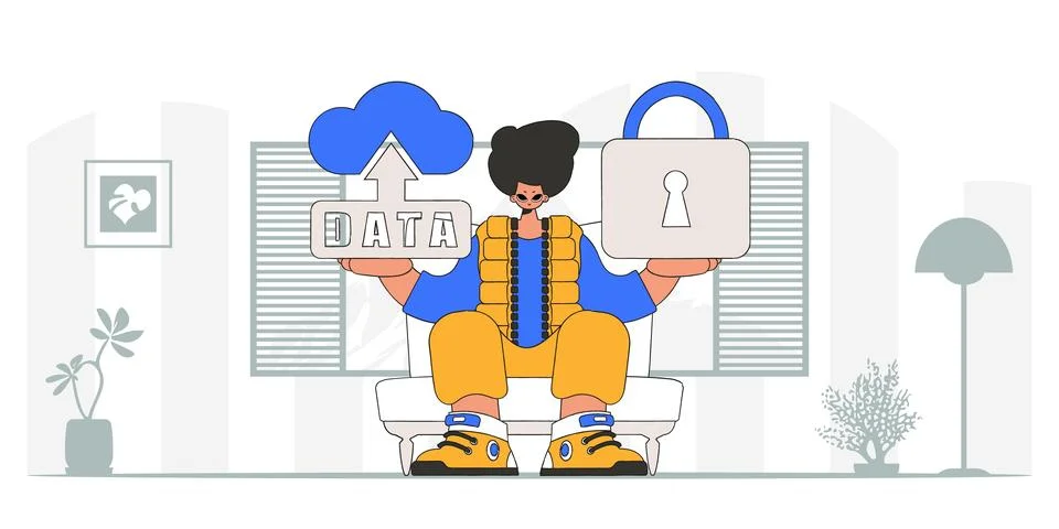 Vector man with cloud storage and lock, modern character style. Stock Illustration