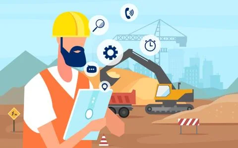 Vector of a man construction engineer using tablet app managing a new buildin Stock Illustration