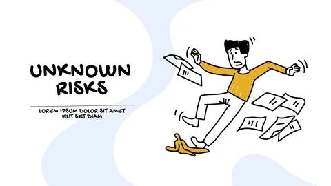 Vector of a man with documents slipping on a banana skin. Unknown risks in .. Stock Illustration