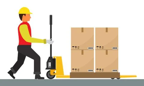 Vector Man is driving Pallet Jack with cargo. Flat and solid color. Stock Illustration