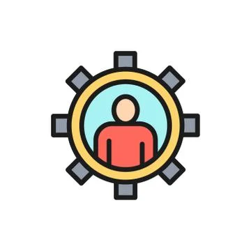 Vector man with gear, engineer, tech worker flat color line icon. Stock Illustration